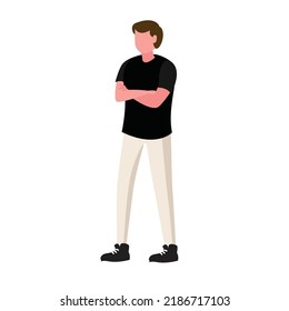 confident man stands at full height. a businessman crosses his arms . Happy young age. Vector flat illustration