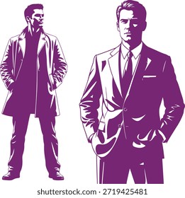 A confident man stands with his hands in his pockets, exuding a sense of modern style and sophistication. His bold, graphic illustration makes for a striking visual statement, perfect for use in various design projects.