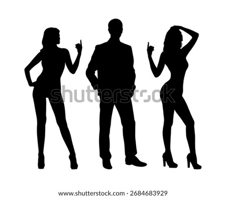 Confident man in suit standing between two beautiful sexy women black silhouette vector illustration.