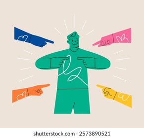 Confident man surrounded by hands with index fingers pointing at his. Colorful vector illustration