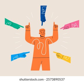 Confident man surrounded by hands with index fingers pointing at his. Colorful vector illustration