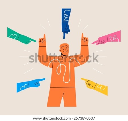 Confident man surrounded by hands with index fingers pointing at his. Colorful vector illustration