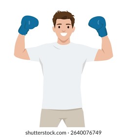 Confident Man Wearing Blue Boxing Gloves. Flat vector illustration isolated on white background