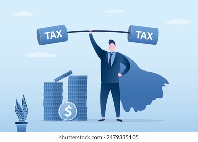 Confident man withstands high and heavy tax burden. Strong businessman hero holding dumbbell. High taxes for corporations and self-employed people. Tax burden, government obligation concept. vector