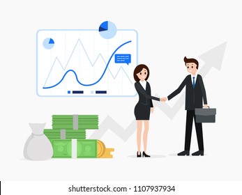 Confident man and woman in suits shaking hands vector illustration. Businesswoman and businessman after successful business meeting. Searching ways of increasing income