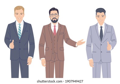  Confident men in formal suits isolated on white background. Business team, partnership. Friendly business men, office workers vector flat cartoon characters. 