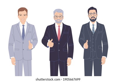 Confident men in strict clothes isolated on white. Elderly and young friendly business men in formal suits showing thumb up hand sign gesture. Group of people vector flat cartoon characters. 