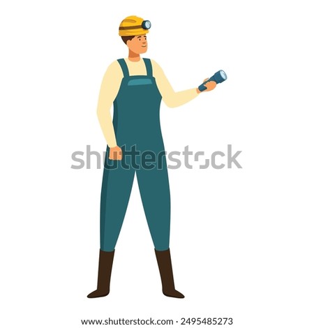 Confident miner is exploring a dark cave, using a flashlight to illuminate his path and search for valuable resources