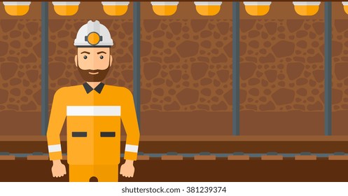 Minero confiado en el sombrero duro.