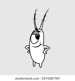 Confident and mischievous cartoon plankton character with a smug expression in a bold black-and-white vector style. Perfect for stickers, logos, mascots, comics, and fun creative projects