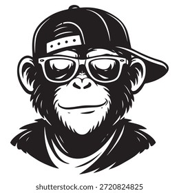 Um personagem de macaco confiante usa óculos elegantes e um boné lateral, expressando atitude moderna e charme brincalhão. O design combina humor, personalidade e moda urbana com apelo ousado personagem.
