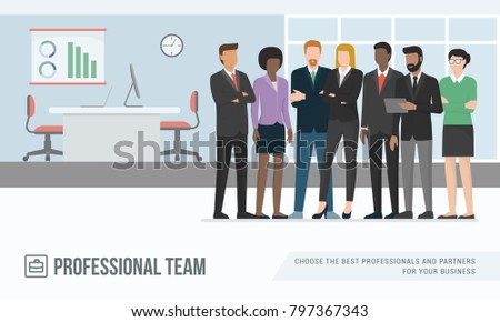 Confident multi-ethnic business people posing together in the office, corporate business and cooperation concept