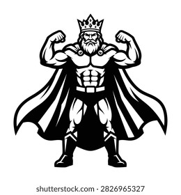 Confident muscular king with crown and cape flexing his arms, symbolizing strength and power