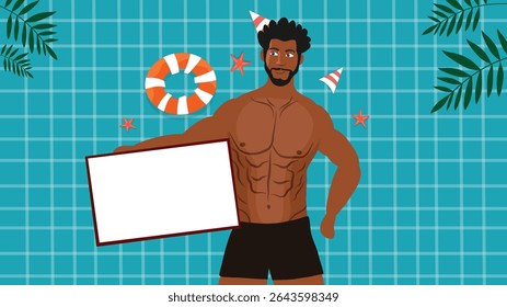 A confident muscular man holding blank board in a summer poolside setting