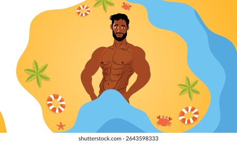 Homem musculoso confiante mostrando abs enquanto em pé na praia com decorações