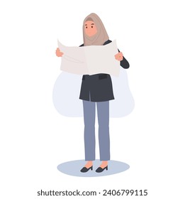 Confident Muslim Woman in hijab Reading Newspaper.