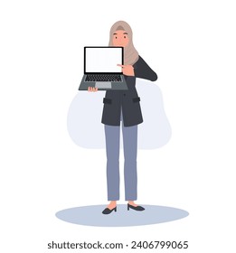 Confident Muslim Woman in Hijab Showcasing Modern Business with Laptop