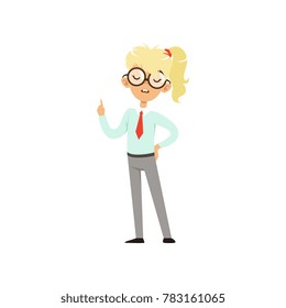 Confident nerd girl standing and holding index finger up. Cartoon teenager character with pony tail in glasses and school uniform. Confident smart person. Flat vector design