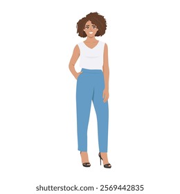 Confident office lady with hands on hips. Flat vector character illustration