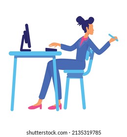 Confident office lady sitting at table semi flat color vector character. Full body person on white. Businesswoman. Modern woman simple cartoon style illustration for web graphic design and animation