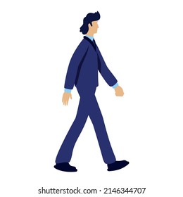 Gestor de oficinas con confianza en el carácter vector de color semiplano de traje azul oscuro. Figura de caminata. Persona de cuerpo entero sobre blanco. Ilustración simple de estilo de dibujos animados para diseño gráfico web y animación