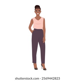 Confident office woman with hands on hips. Flat vector character illustration