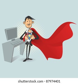 Confident Office Worker or Businessman Dressed as Superhero.