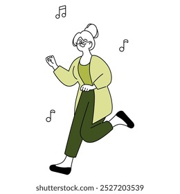 Confident older businesswoman dancing joyfully, showcasing active lifestyle and positivity. Leadership and happiness at work. Vector illustration.