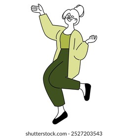 Confident older businesswoman dancing joyfully, expressing freedom and happiness in the workplace. Vector illustration.