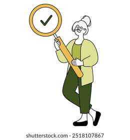 Confident older businesswoman holding a large magnifying glass with a checkmark. Successful corporate decision-making theme. Vector illustration.