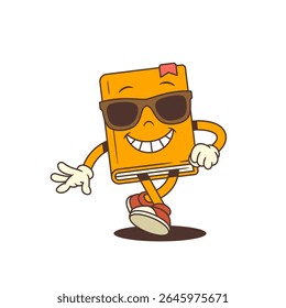 Mascote confiante do livro de desenhos animados laranja andando para a frente em óculos de sol com atitude orgulhosa, mostrando personalidade e divertido design educativo de personagens. Conceito colorido e arrojado. Ilustração vetorial