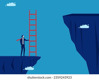 Confident to overcome difficulties. businessman holding a ladder is about to climb over a high cliff