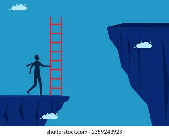 Confident to overcome difficulties. man holding a ladder is about to climb over a high cliff