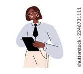 Confident people flat vector illustration. Presentation woman, college student and successful businesswoman. Office workers, young team cartoon characters. Isolated on white background
