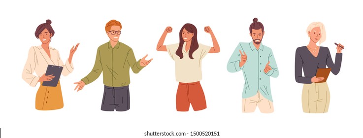 Confident People Flat Vector Illustrations Set. Presentation Woman, College Student And Successful Businesswoman. Girl Celebrating Victory, Flirting Man. Office Workers, Young Team Cartoon Characters.