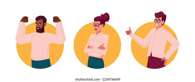 Confident People Isolated Round Icons or Avatars. Positive Successful Happy Male or Female Characters Show Thumb Up, Muscles and Stand with Crossed Arms Express Confidence. Cartoon Vector Illustration