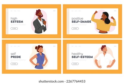 Conjunto de plantillas de página de inicio de personas confiables. Los personajes masculinos y femeninos exudan confianza y autoseguridad posando con posturas fuertes que muestran fuerza y poder. Ilustración del vector de dibujos animados