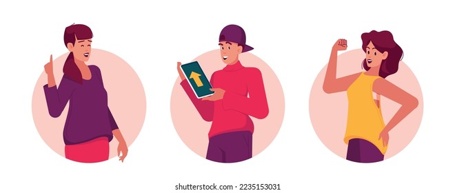 Confident People Posing with Pointing Gesture, Show Muscles and Reading Book Isolated Round Icons or Avatars. Happy Male and Female Characters Show Hand Gestures. Cartoon Vector Illustration