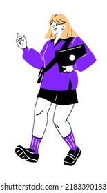 Confident person concept. Girl in stylish casual outfit holding laptop and pointing finger at something. Successful student engaged in self development and education. Cartoon flat vector illustration