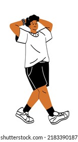 Confident person concept. Young guy in stylish casual clothes puts hands behind head and walks. Attractive teenager or student. Good character traits. Cartoon flat vector illustration in doodle style
