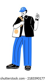 Confident person concept. Young stylish guy shows approving thumbs up gesture. Smiling student engaged in self development. Positivity and optimism. Cartoon flat vector illustration in doodle style
