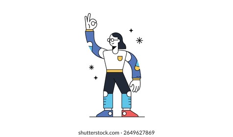 A confident person with their hand raised in a gesture of victory or success with a celebratory feeling