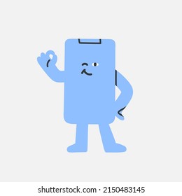 Confident phone character OK gesture. Smartphone person with emotional face. Mobile repair service concept. Blue mascot for branding, banner or ad. Isolated vector
