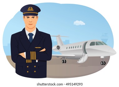 Confident pilot is standing in front of private jet on runway. Ready to fly.