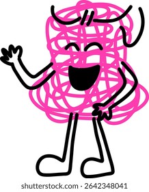 Confident pink doodle monster waving hello. Happy and friendly scribble character with hands on hips