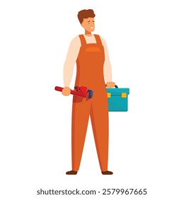 Confident plumber is holding a pipe wrench and a tool box, ready to tackle any plumbing job