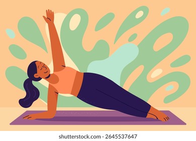 Confident plus size woman doing yoga at home – Side plank pose (Vasisthasana)