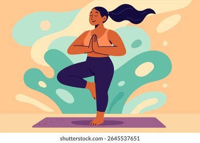 Femme confiante plus taille faisant du yoga à la maison - Pose d'arbre (Vrikshasana)