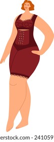 Mujer de confianza y talla posando con un elegante vestido con una sonrisa. Positividad corporal y moda para la ilustración del vector femenino curvado.