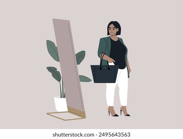 A confident plus size woman stands before a full-length mirror, showcasing her fashionable outfit and elegant handbag against a modern backdrop